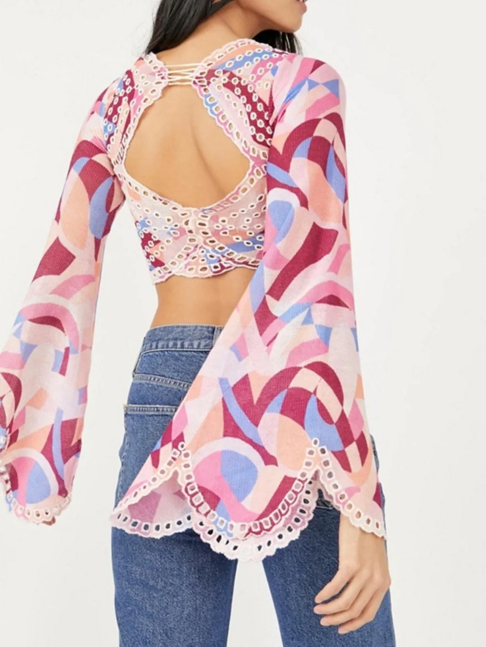 Free People Eyes On You Lace Up Retro Swirl Crop Top size XS